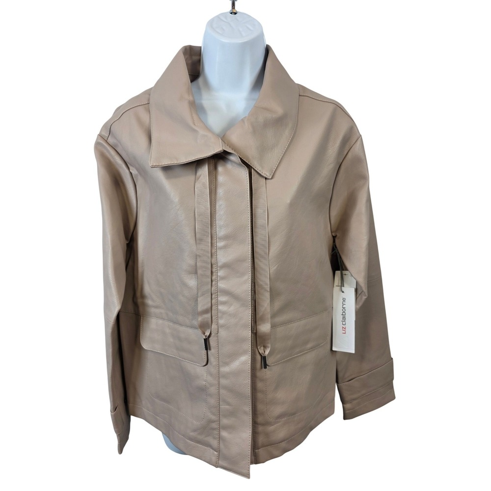 Liz Claiborne Faux Leather Jacket Taupe Tan Dressy Womens Small S Pockets NEW